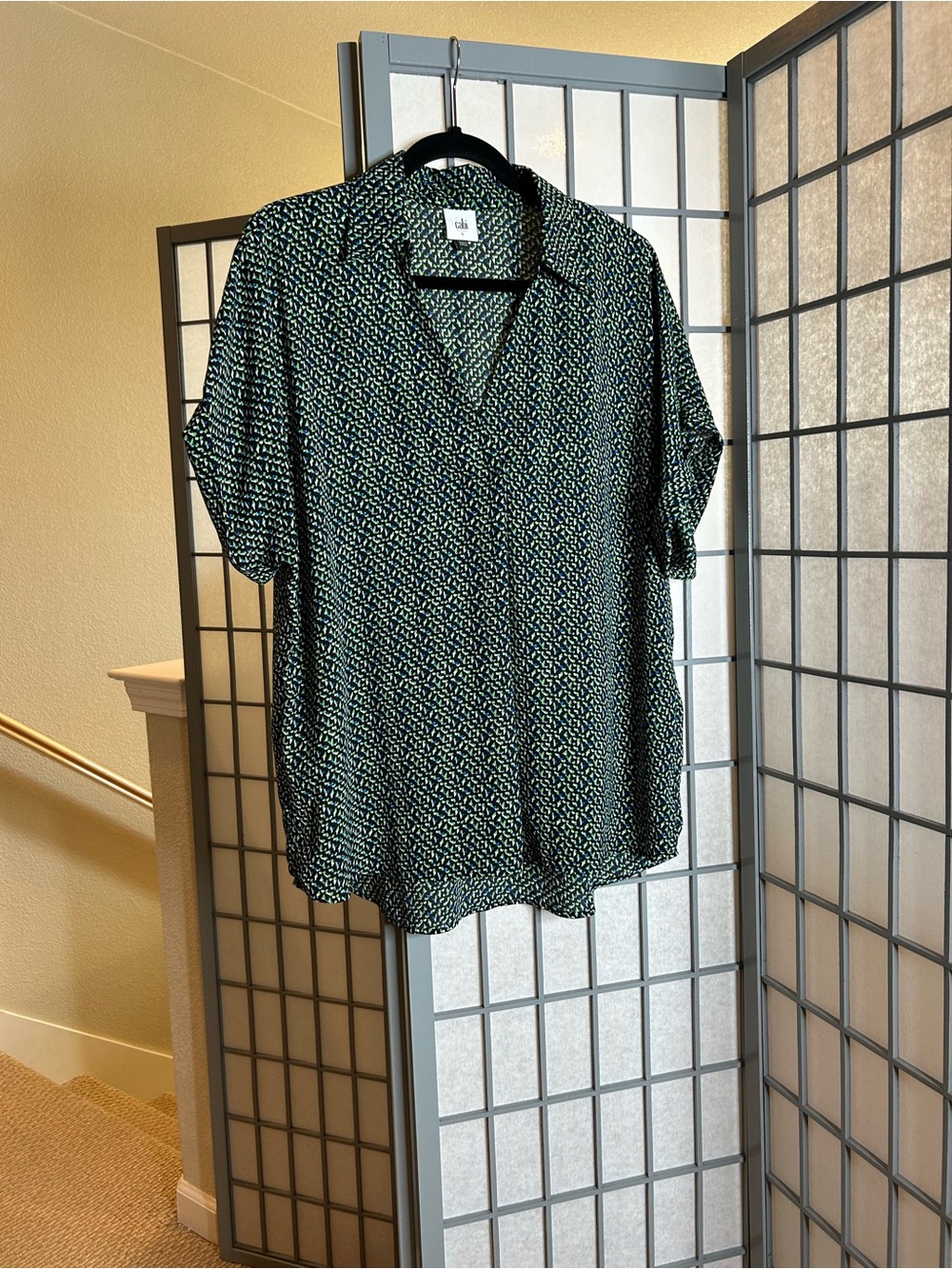 CAbi Black and Green Short Sleeve Button Down Blouse